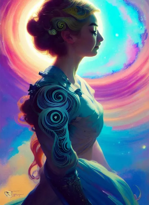 Prompt: side portrait, imogen poots, paladin, fantasy, gloomhaven, luminescent, tarot, organic painting, colorful swirly ripples, gaudy colors, by greg manchess, huang guangjian, gil elvgren, sachin teng, greg rutkowski, jesper ejsing, ilya kuvshinov