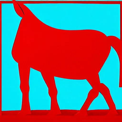 Prompt: lithograph side view of standing donkey against white background, duotone, cycladic sculptural style, full body, flat colors, iconic, simplified, ultramarine blue and red iron oxide