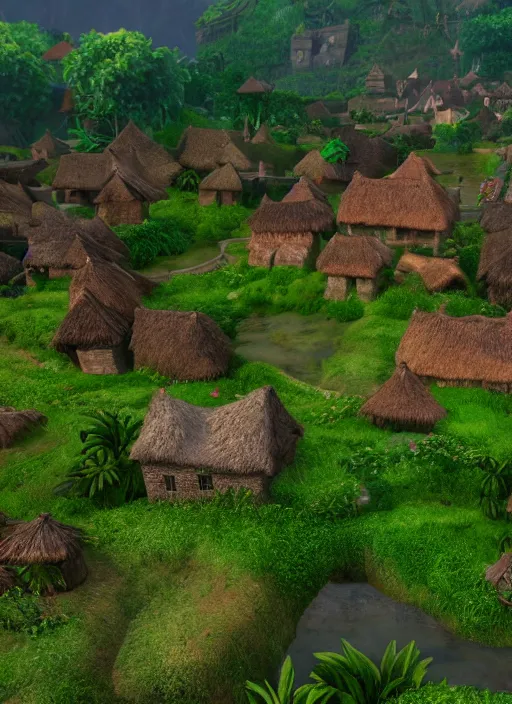 Prompt: subsurface scattering, medieval village in the middle of lush forest, from the live action film moana 4 k quality super realistic, cinematic lighting, 8 k