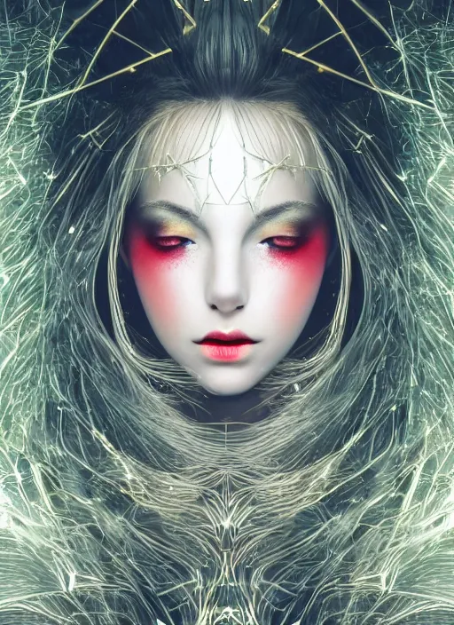 Prompt: glowing silver and golden elements, full close-up portrait, vector dark witch from shutterstock, book cover, green forest, white moon, red lips, establishing shot, extremly high detail, photo-realistic, cinematic lighting, pen and ink, intricate line drawings, by Yoshitaka Amano, Ruan Jia, Kentaro Miura, Artgerm, post processed, concept art, artstation, matte painting, style by eddie mendoza, raphael lacoste, alex ross