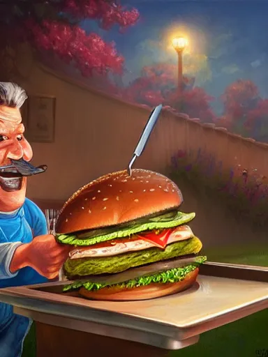 Image similar to a happy middle aged man, fliping burgers in the grill on the lawn. intricate, elegant, highly detailed, digital painting, artstation, concept art, sharp focus, illustration, by justin gerard and artgerm, 8 k