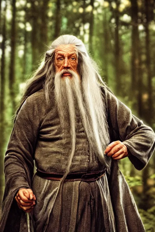 Prompt: A full body portrait of Gandalf in a forest, tilt shift, bokeh, detailed, realistic