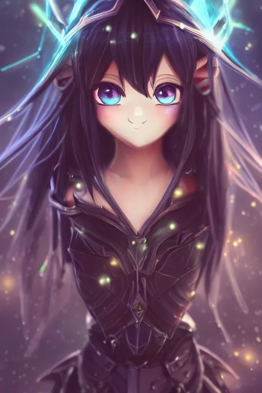 Image similar to adorable young cute anime elf girl, long black hair, detailed fantasy armor, symmetrical face. beautiful spark eyes. beautiful lineart. bokeh pixiv # 1 ranking depth focus, chromatic aberration, noise, soft lighting, srgb, 4 k, cinematic