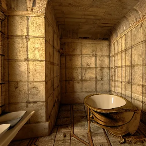 Image similar to the bathroom in ancient rome,real photo,highly detailed,crazy details,realistic,unusual