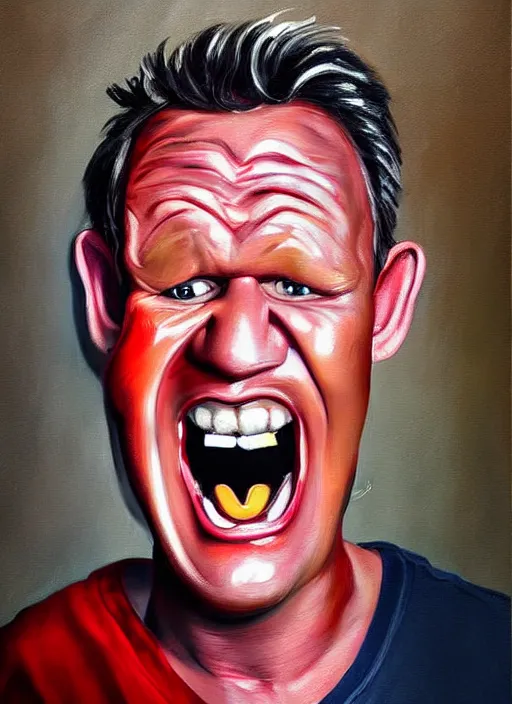 Prompt: norman mingo painting, gordon ramsay screaming, exaggerated proportions, caricature, realistic! ( painterly ), visible brush strokes, vintage, hd, crisp