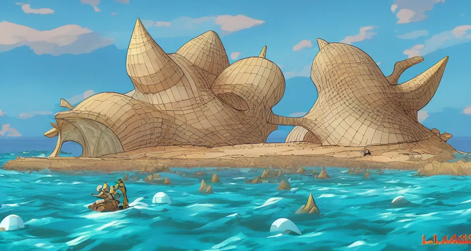 Image similar to giant seashell house in the ocean, by laika, ralph mcquarrie, in the style of zelda windwaker, triadic color scheme, cell shading, 3 d