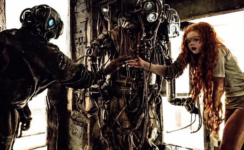 Image similar to scary machine monster grabbing sadie sink dressed as a miner : a scifi cyberpunk film from 1 9 8 0 s. by steven spielberg and james cameron. 6 5 mm low grain film stock. sharp focus, moody cinematic atmosphere, detailed and intricate environment