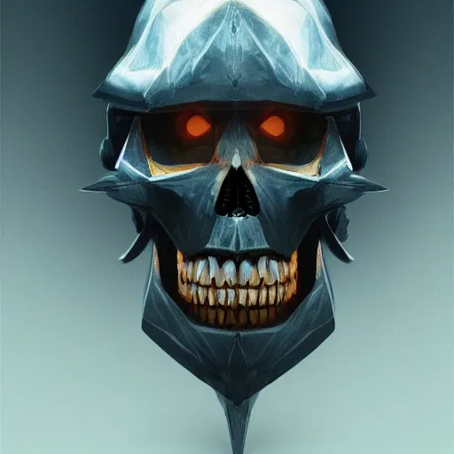 Image similar to award - winning. trending on artstation. 4 k. eerie tone. a robotic skull faced figure wearing a hooded cape made of the night sky with 1 5 dark blue glowing eyes on its face and rows of teeth on its chest. full - body. portrait.