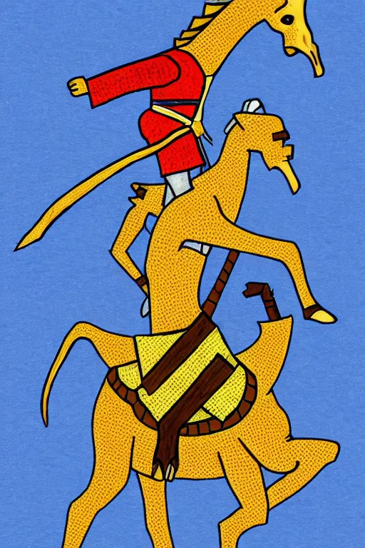 Image similar to a medieval knight in armor riding a giraffe