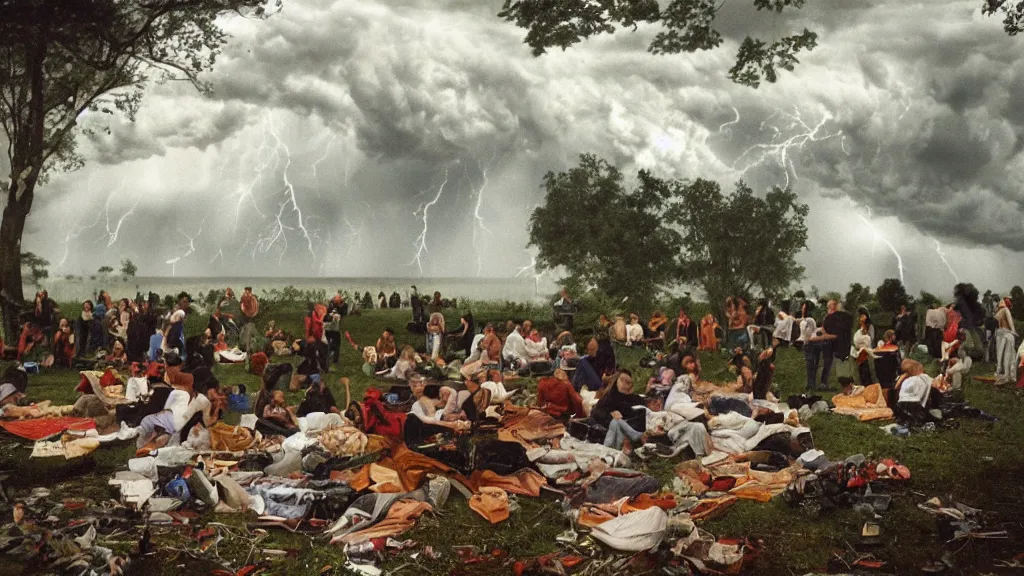 Prompt: climate change disaster, lightning, hurricane, hailstorm, gale force winds, floods, as seen by a people having picnic in a park, large-format photography, wide angle