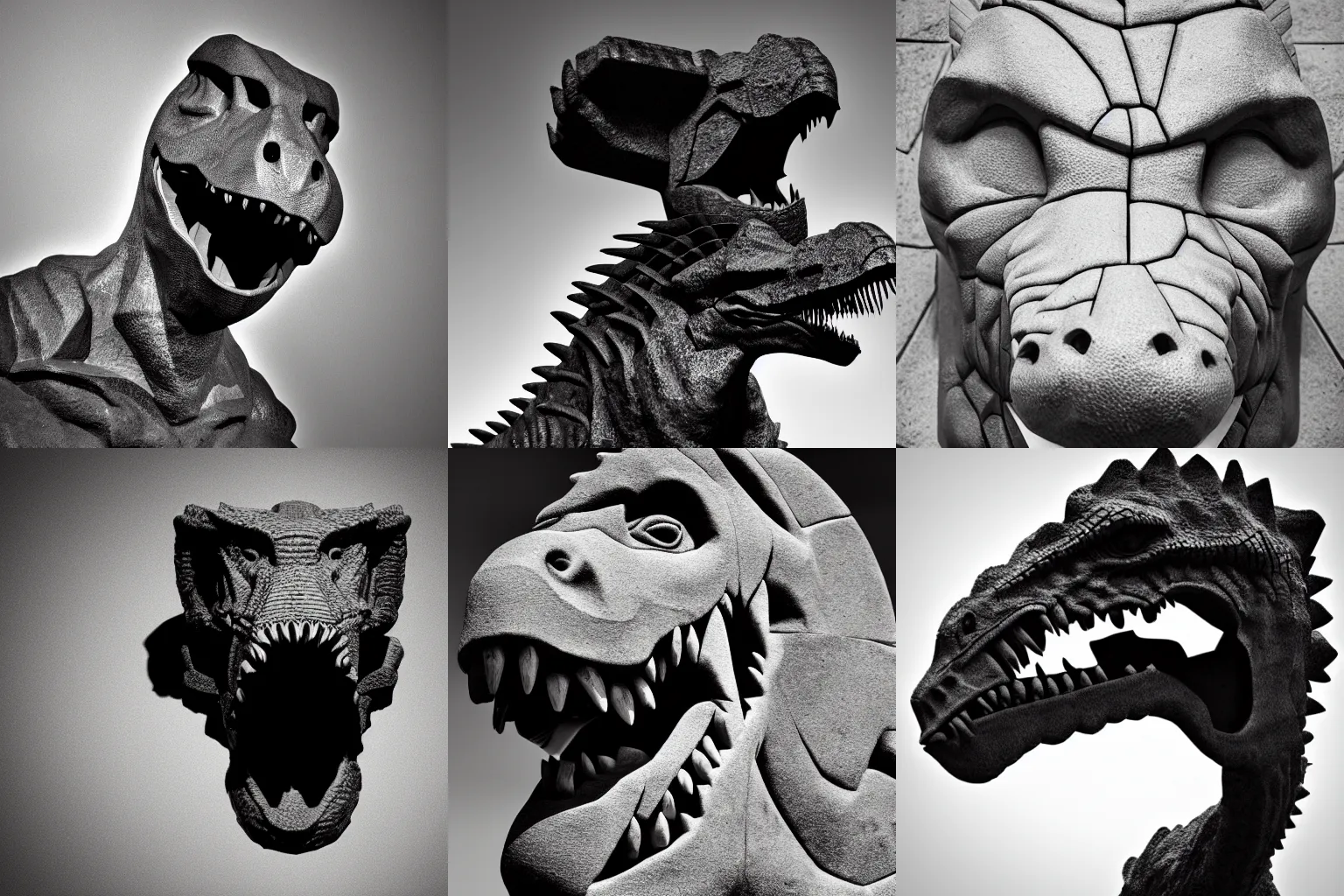 Prompt: angry dinosaur head cubist statue black and white hard light