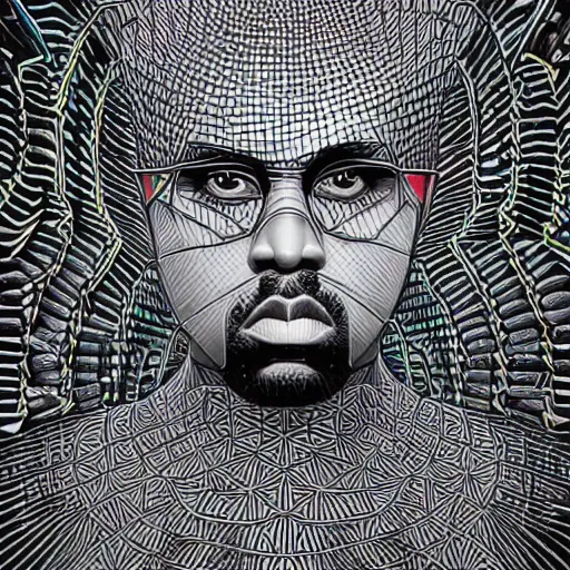 Prompt: Geometrically surreal Kanye West, extremely high detail, photorealistic, intricate line drawings, dotart, album art in the style of James Jean