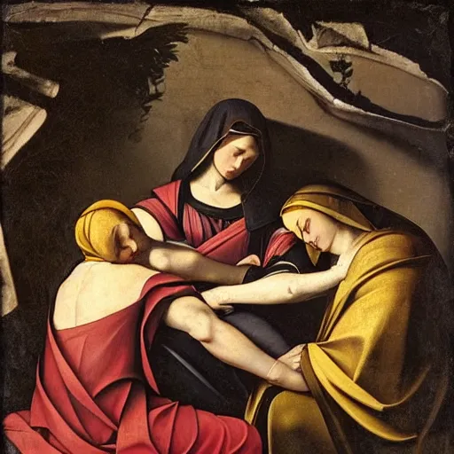 Prompt: 1 7 th century biblical painting of 3 women mourning at the tomb of jesus, 2 angels, style of caravaggio,