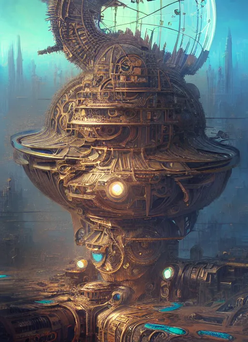 Image similar to hyper detailed ultra sharp of a magicpunk steampunk sci - fi overcrowded flying island city trending on artstation, warpaint aesthetic, earthwave, colorful, psychedelic, ornate, intricate, digital painting, concept art, smooth, sharp focus, illustration, art by artgerm and greg rutkowski and h. r. giger, 8 k