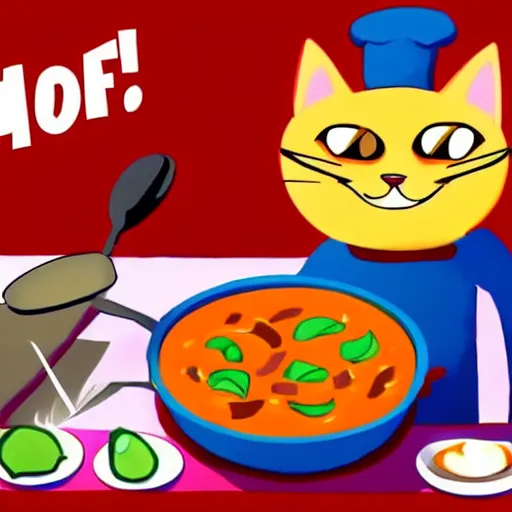 Image similar to anthropomorphic cat chef cooking a delicious colorful soup, digital painting, youtube video thumbnail