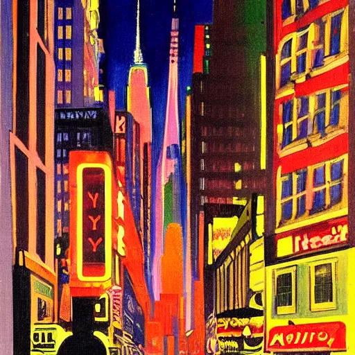 Prompt: painting of new york city, street view, night, glow of neon lights, by a. m. cassandre.