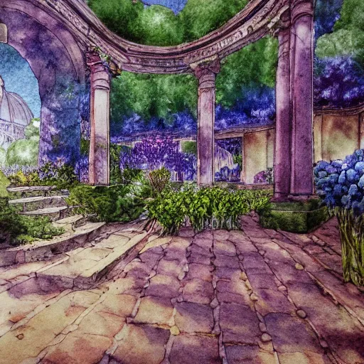 Image similar to delicate garden on paper floating puffy vines botanical herbarium botanic watercolors iridescent 8 k wide angle realistic shaded fine details, artstation italian rainbow colonnade oak pinecone gardena architecture pompeii