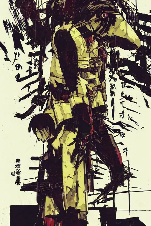 Prompt: professionally drawn seinen mature cyberpunk military horror action manga comic cover, full color, beautifully drawn coherent professional, drawn by ilya kuvshinov, ilya kuvshinov, satoshi kon, kentaro miura, dave mckean, tsutomu nihei. japanese script kanji hiragana on the cover. minimalist stylized cover art. yellow purple cel shaded