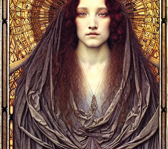 Image similar to detailed realistic beautiful young medieval queen face portrait by jean delville, gustave dore and marco mazzoni, art nouveau, symbolist, visionary, gothic, pre - raphaelite. horizontal symmetry