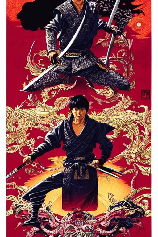 Image similar to poster of tony montana as a samurai, by yoichi hatakenaka, masamune shirow, josan gonzales and dan mumford, ayami kojima, takato yamamoto, barclay shaw, karol bak, yukito kishiro
