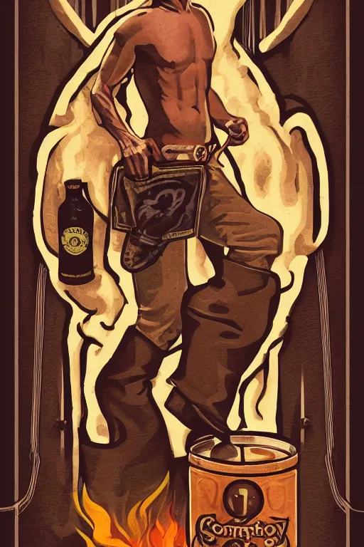 Prompt: symmetrical tarot card of a shirtless cowboy holding a can of beans and a bottle of whisky in front of a campfire, chunky build, cowboy boots, dad bod, homoerotic!, art deco, art nouveau, trending on artstation