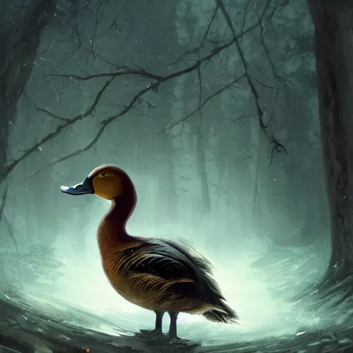 Image similar to Duck in armor, portrait, woods, magic the gathering artwork, D&D, fantasy, cinematic lighting, centered, symmetrical, highly detailed, digital painting, artstation, concept art, smooth, sharp focus, illustration, volumetric lighting, epic Composition, 8k, art by Akihiko Yoshida and Greg Rutkowski and Craig Mullins, oil painting, cgsociety