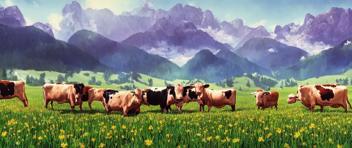 Image similar to a ultra photorealistic and sharp film still of an a sunny and colourful open field in 1 9 0 0 in the middle of the bavarian alps, germany. cows. wide shot, wes anderson, studio ghibli, pixar and disney animation, octane render, anime key art by greg rutkowski, dramatic lighting, award winning photography