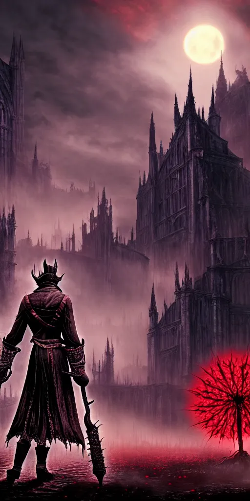 Image similar to populated bloodborne old valley with a dark person at the centre and a ruined gothic city in the background, trees and stars in the background, falling red petals, epic red - orange moonlight, perfect lightning, wallpaper illustration by niko delort and kentaro miura, 4 k, ultra realistic