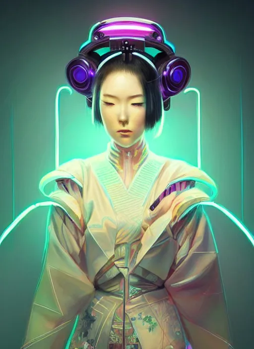 Image similar to portrait of female japanese android wearing a vr headgear and in an elaborate kimono dress, hologram hovering around her, intricate detail, cyber neon lighting, highly detailed, beautiful wide angle photography, artstation, glamor pose, concept art, art by peter mohrbacher, pinterest, artstation,