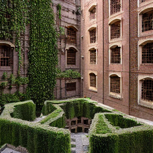 Image similar to courtyard complex of a labyrinthine monastary made of fractal resursively stacked bricks, fusion of carlo scarpa and thomas heatherwick, moss and ivy growing on the bricks, architectural photography