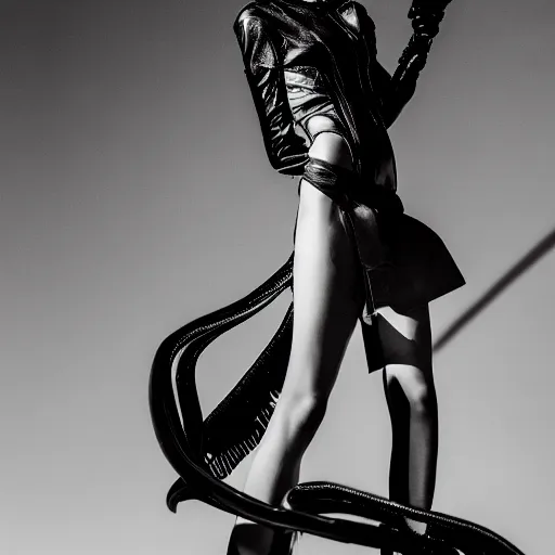 Image similar to fashion photography of an extraterrestrial model, holding a leather whip, wearing demobaza fashion, inside berghain, berlin fashion, harness, futuristic fashion, dark minimal outfit, photo 3 5 mm leica, hyperdetail, berghain, 8 k, very detailed, photo by nick knight