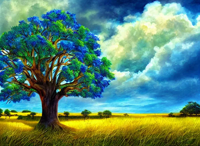 Prompt: giant tree with blue leaves in the background reaching into the clouds, fields in foreground, magical, fantasy, digital art, colorful, divine, painting