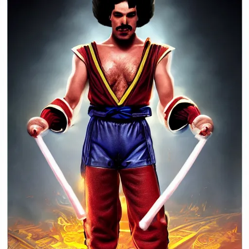 Image similar to freddy mercury as ken street fighter, portrait, ultra realistic, concept art, intricate details, highly detailed, photorealistic, octane render, 8 k, unreal engine, art by frank frazetta, simon bisley, brom