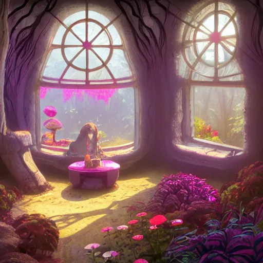 Prompt: concept art painting of a interior of a cozy alien fantasy cottage made of mushrooms and fungus, circular windows, with black vines and magenta houseplants, realistic, detailed, cel shaded, dark, in the style of makoto shinkai and greg rutkowski and james gurney