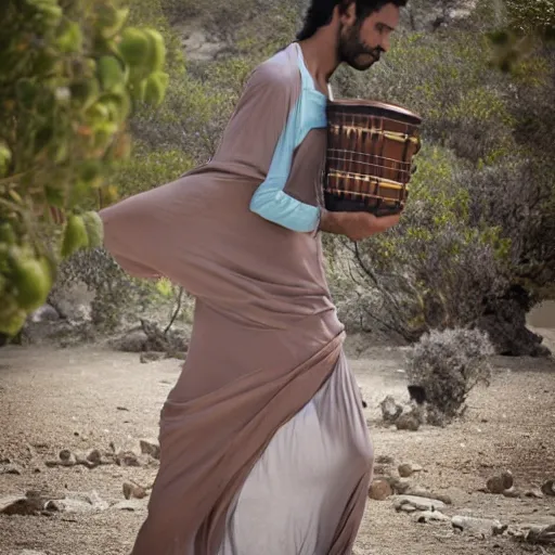 Image similar to man plays darbuka, beautiful bellidancer girl walks around Socotra among endemic plants, flowers and snags in a long transparent flowing dress and meets mystical animals, mystical insects, mystical birds, lizards, snakes, gorgeous, hypnotic dimensions, ruan jia, steve mccurry, Zdzislaw Beksinski style, sharp focus, intricate concept art, digital painting, ambient lighting, 4k, hdt, artstation trending on Gsociety, trending on ArtstationHQ, hyper quality, 16K