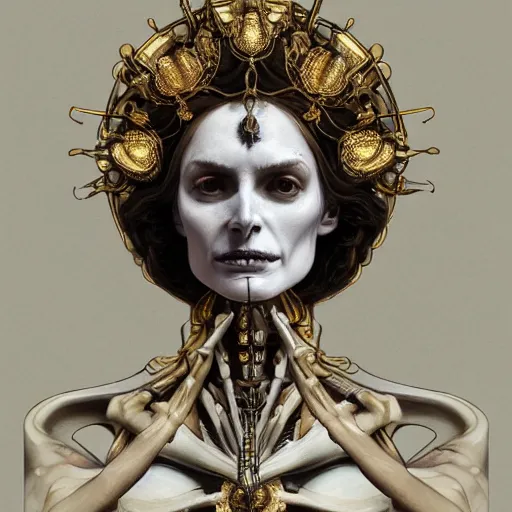 Prompt: portrait of Hecate as a marble statue skeleton, skeleton Hecate, greek mythology, gold crown and filaments, intricate, headshot, highly detailed, digital painting, artstation, concept art, sharp focus, cinematic lighting, illustration, art by artgerm and greg rutkowski, alphonse mucha, Caravaggio, chiaroscuro, cgsociety