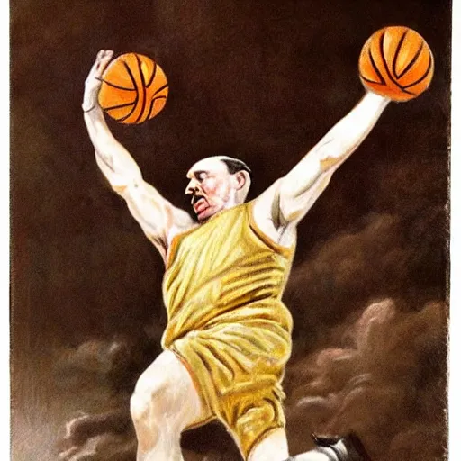 Image similar to hitler playing basketball, realistic, detailed by da vinci