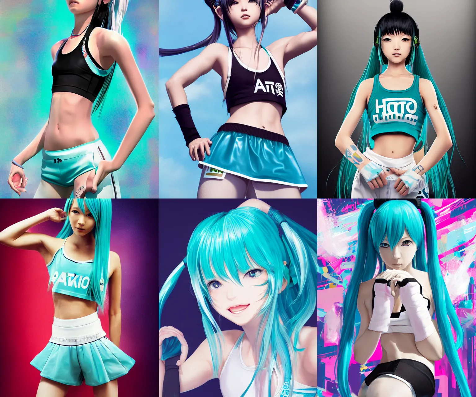 Prompt: hatsune miku wearing crop gym top with white lettering, crop yoga short, Advertising photography by Mario Testino, Stanley Artgerm Lau, WLOP, Andrei Riabovitchev, photorealist style, masterpiece, trending on artstation, cgstudio