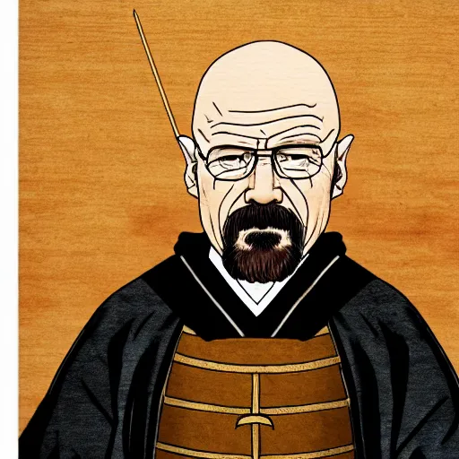 Image similar to walter white from breaking bad wearing samurai armor in feudal japan, 4 k, hyper realistic, ink block painting