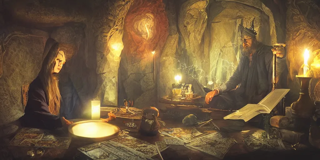 Image similar to wizard performing a tarot reading, cards, fantasy, digital art, soft lighting, 8 k, highly detailed