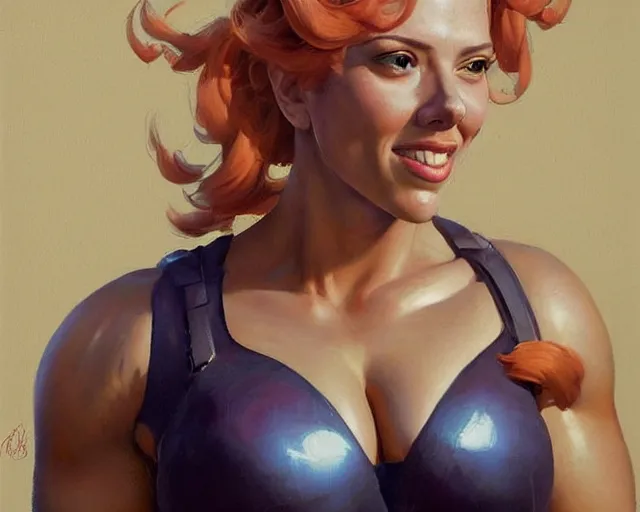 Image similar to greg manchess portrait painting of smiling scarlett johansson as beautiful thick female bodybuilder zarya from overwatch, medium shot, asymmetrical, profile picture, organic painting, sunny day, matte painting, bold shapes, hard edges, street art, trending on artstation, by huang guangjian and gil elvgren and sachin teng