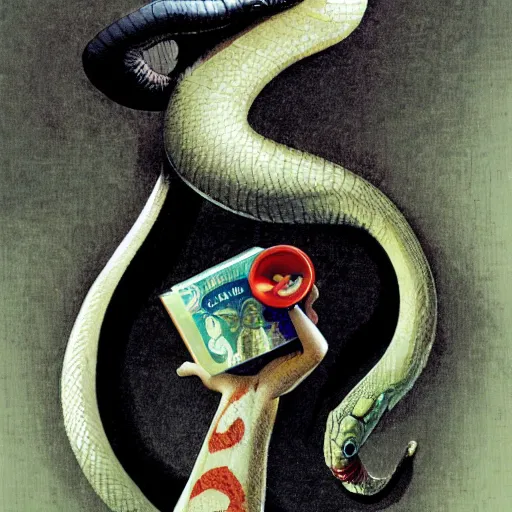 Image similar to a grinning anthropomorphic snake selling bottles of medicine, fantasy, dave mckean