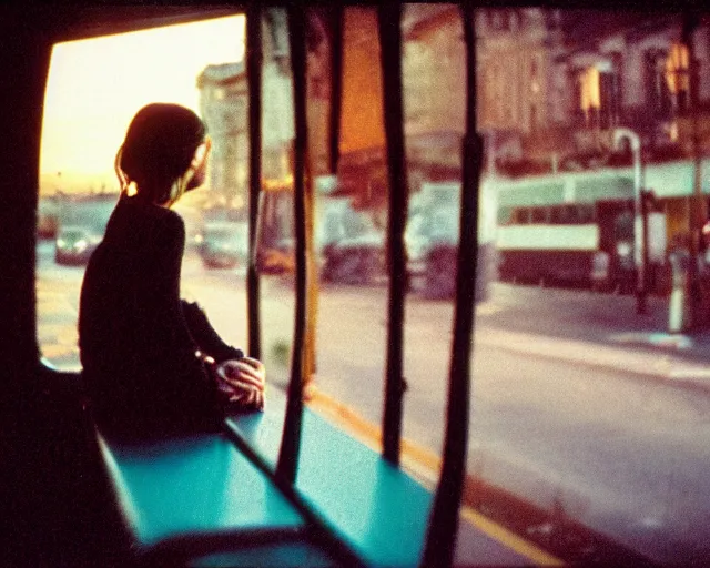 Image similar to lomo photo of shy goth girl sitting in empty bus, sunset, cinestill, bokeh