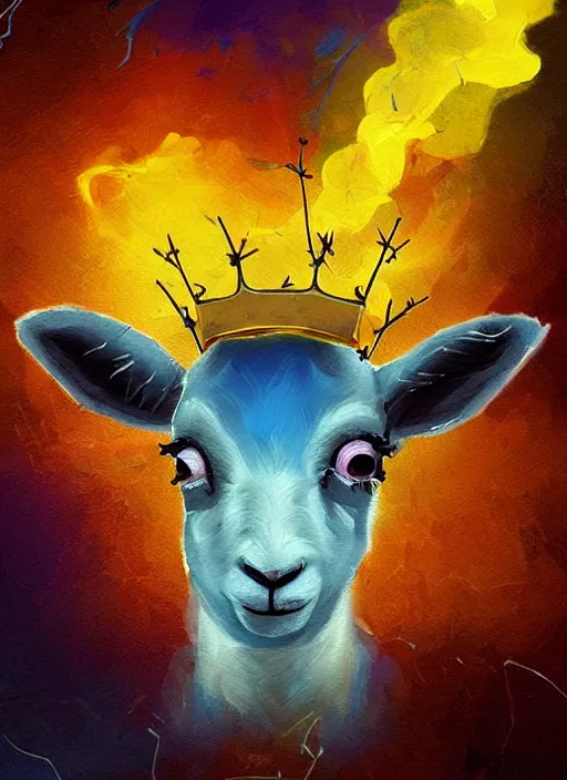 Image similar to a painting of a lamb's face with blue and yellow smoke coming out of, wearing a crown of thorns, a digital painting by petros afshar, behance contest winner, digital art, behance hd, digital illustration, digital painting