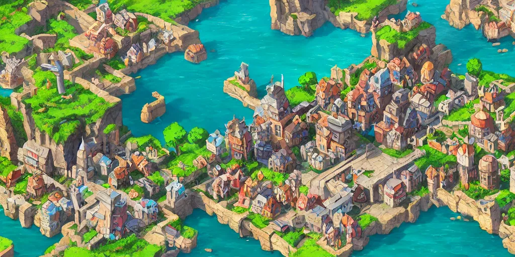 Prompt: rpg isometric top view of a lovely anime medieval fantasy port village!! game asset!! cory loftis, james gilleard, atey ghailan, makoto shinkai, goro fujita, studio ghibli, rim light, exquisite lighting, clear focus, very coherent, plain background, soft painting