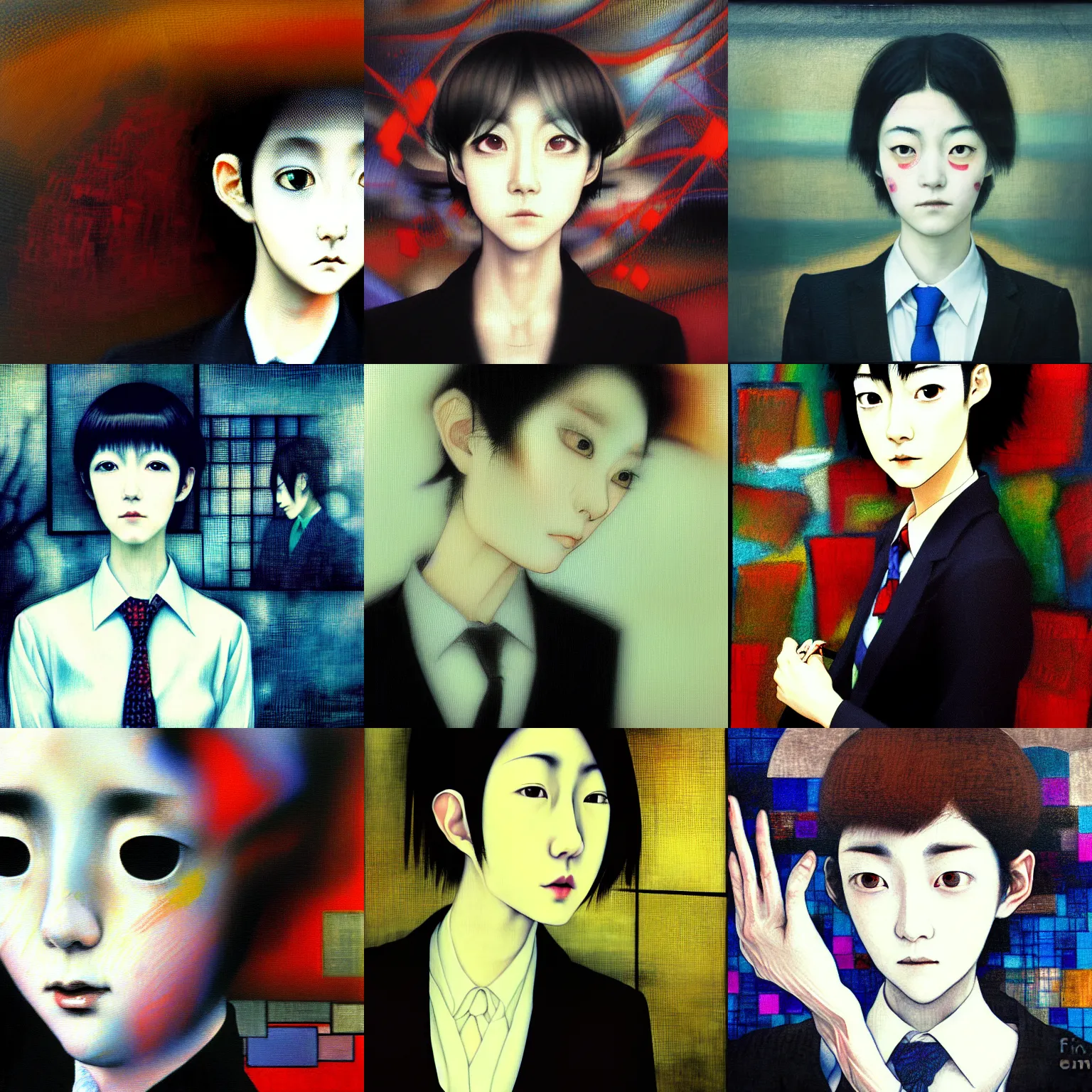 Image similar to yoshitaka amano blurred and dreamy realistic three quarter angle portrait of a young woman with short hair and black eyes wearing office suit with tie, junji ito abstract patterns in the background, satoshi kon anime, noisy film grain effect, highly detailed, renaissance oil painting, weird portrait angle, blurred lost edges