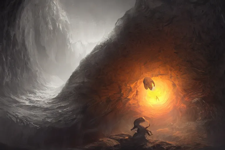 Image similar to a monster emerging from a dark egg in a cave, digital painting, trending on artstation, deviantart, 8k, epic composition, intrinsic details, AAA graphics