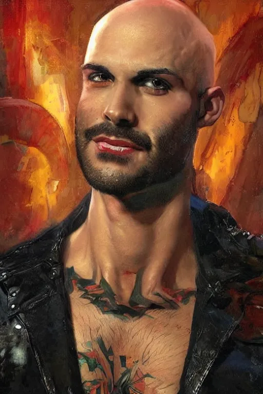 Image similar to beautiful gorgeous bald toreador guy with a short beard, painted by tom lovell, alex malveda, greg staples