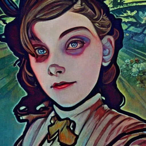 Image similar to realistic little sister of bioshock painted by alfons mucha sharp focus