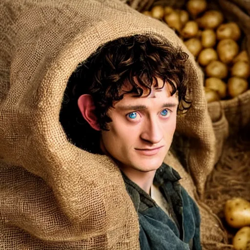 Image similar to frodo from lord of the rings in a burlap sack overflowing with potatoes, the sack has many potatoes in it, photography, realistic, mid shot, in his hobbit home, cinematic lighting
